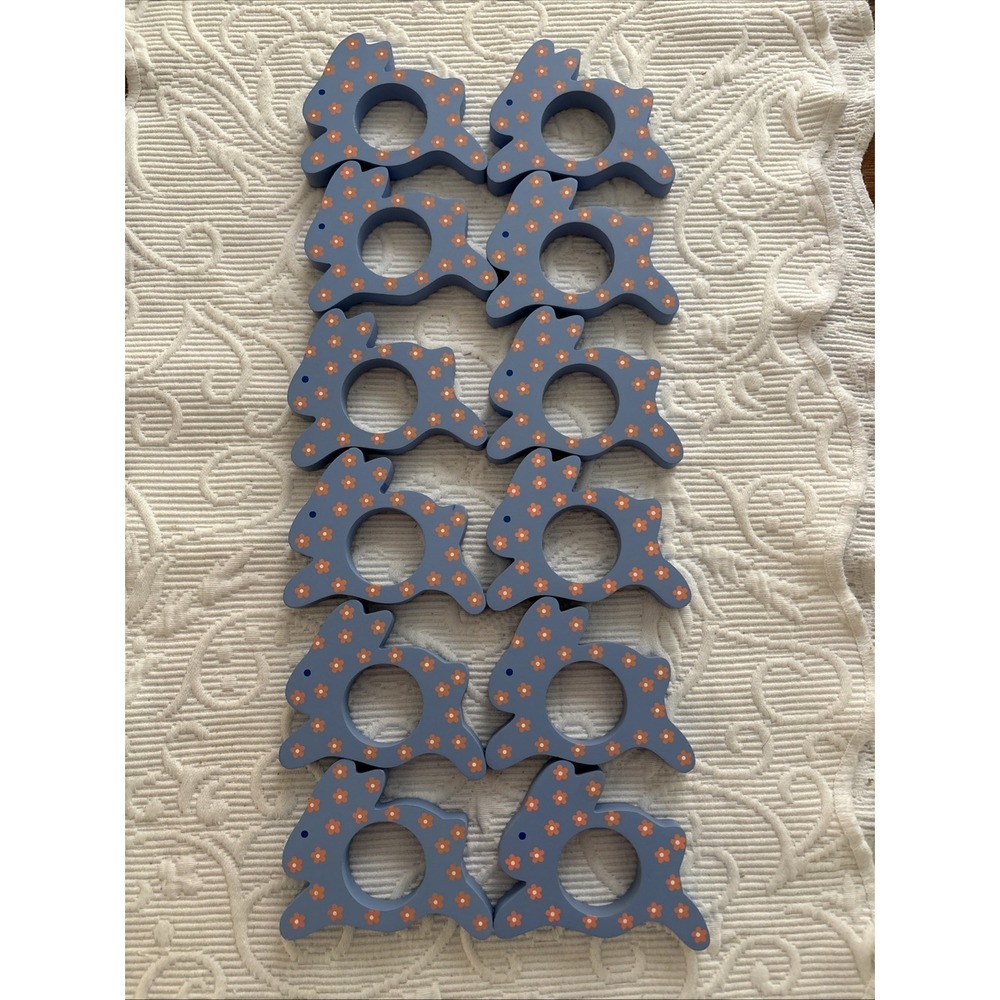 Vintage Avon Spring Blue Wood Bunny Easter Collection Napkin Rings Set Of 12